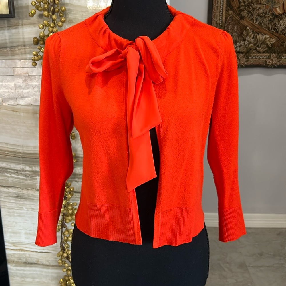 Eva Mendes Orange Bow Tie Cardigan. Size S (925)‎